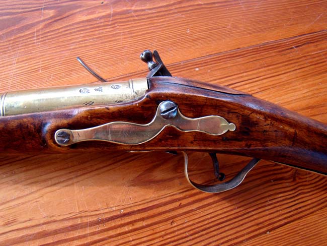 An early Queen Anne period brass barreled flintlock blunderbuss dated 1712 and used on board the H M S Ramillies — image 8